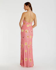 Pink Floral Beaded Halter Gown With 3D Flower