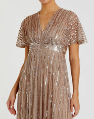 Beige Embellished Short Sleeve Empire Waist Gown