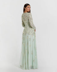 Green Long Sleeve Sequin Pearl Embellished Gown