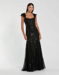 Sleeveless Mesh Gown With Floral Shoulder Detail