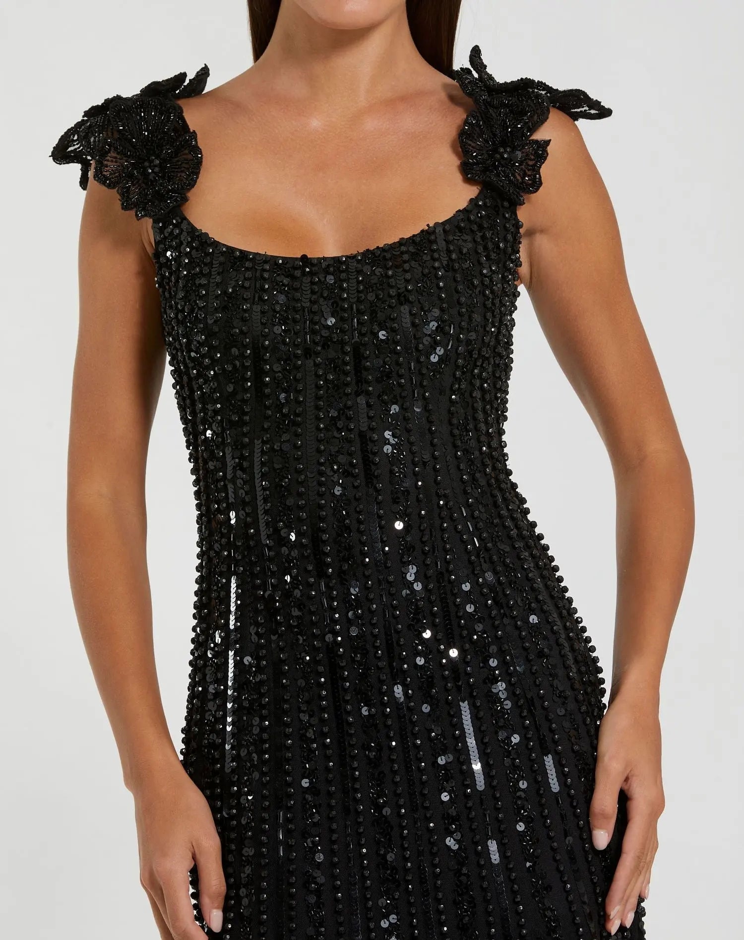 Sleeveless Mesh Gown With Floral Shoulder Detail