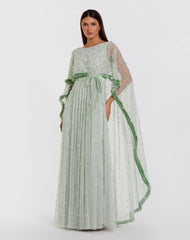 Green Beaded Cape Sleeve Gown With Ruffle Trim