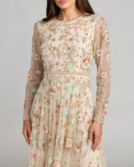 Beige Floral Embellished Long Sleeve Midi Dress