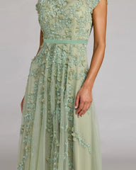 Green Floral Embellished Cap Sleeve Midi Dress