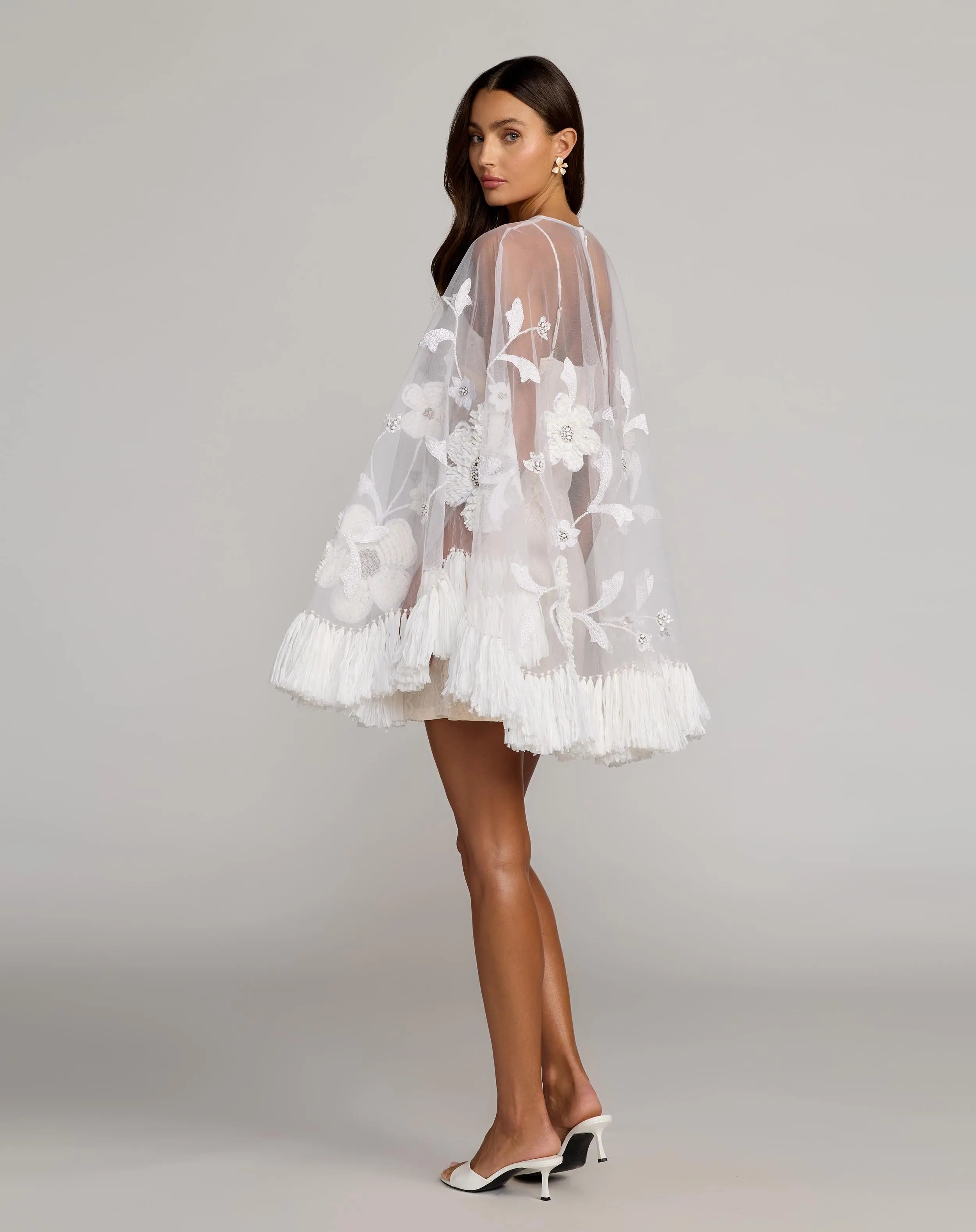 White Embellished Trapeze Mini Dress With Fringe Hem