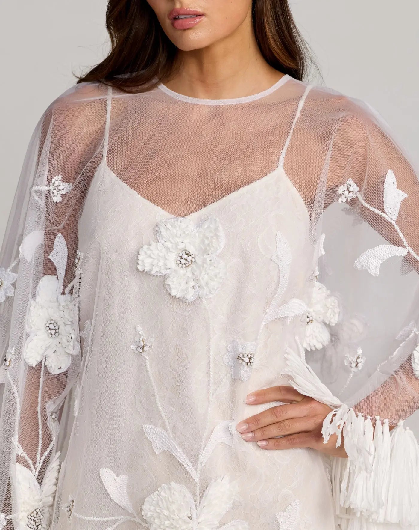 White Embellished Trapeze Mini Dress With Fringe Hem