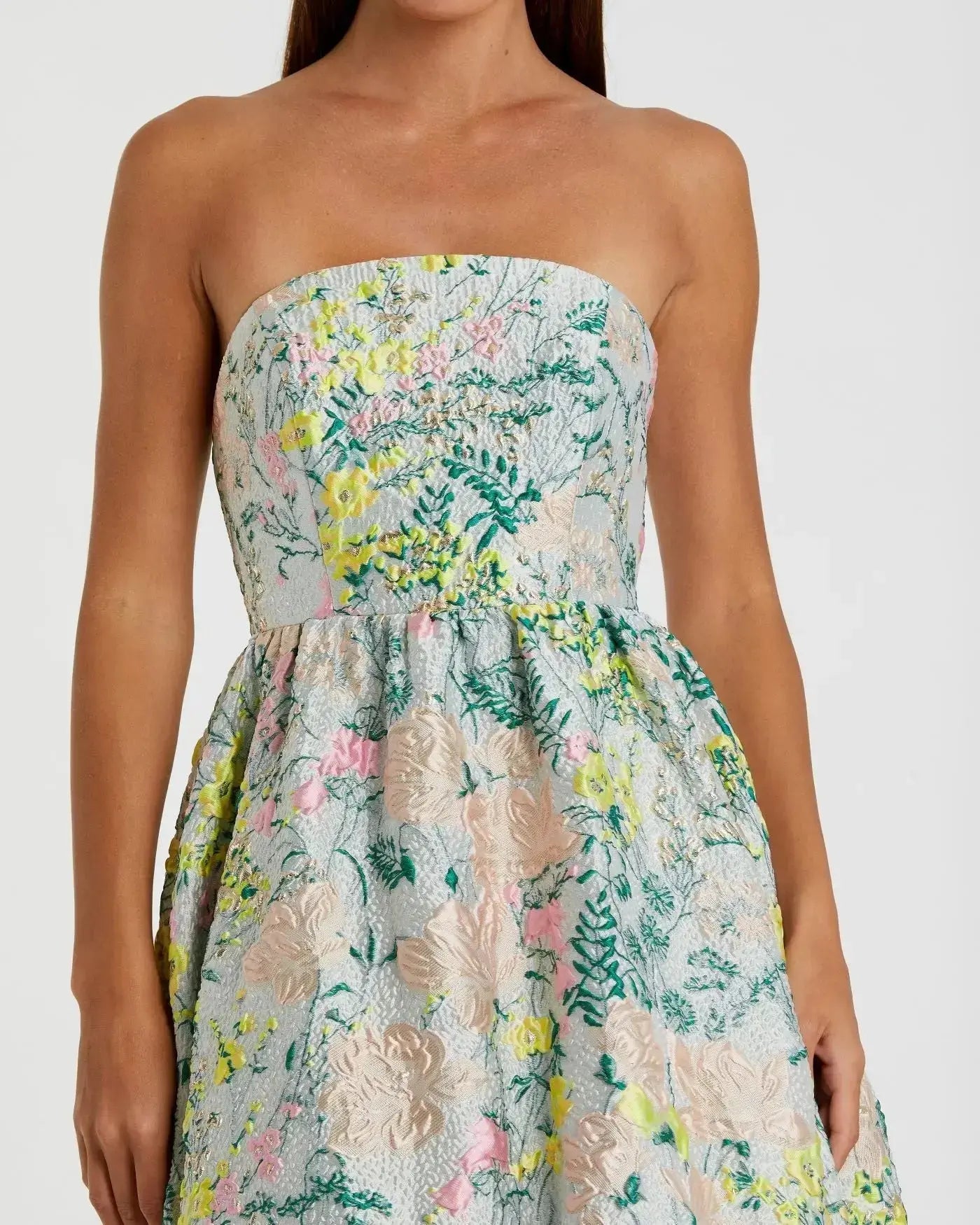 Strapless Floral Brocade A-Line Gown