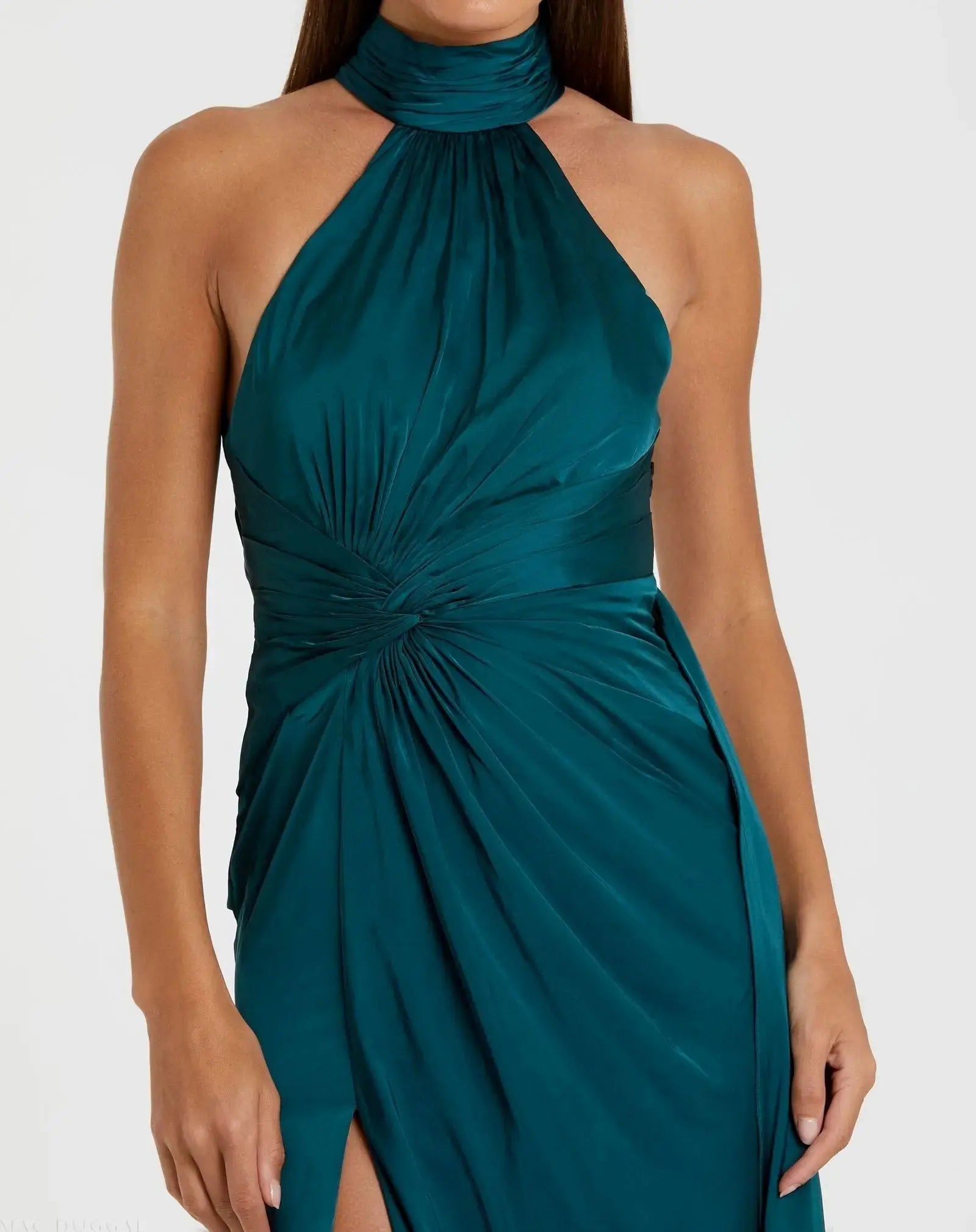 Petite Blue Sleeveless Open Back Satin Gown