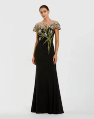 Petite Black High Neck Floral Embroidered Jersey Gown