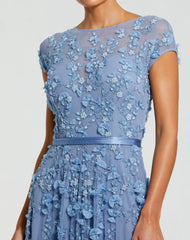 Petite Blue Floral Embellished Cap Sleeve Gown