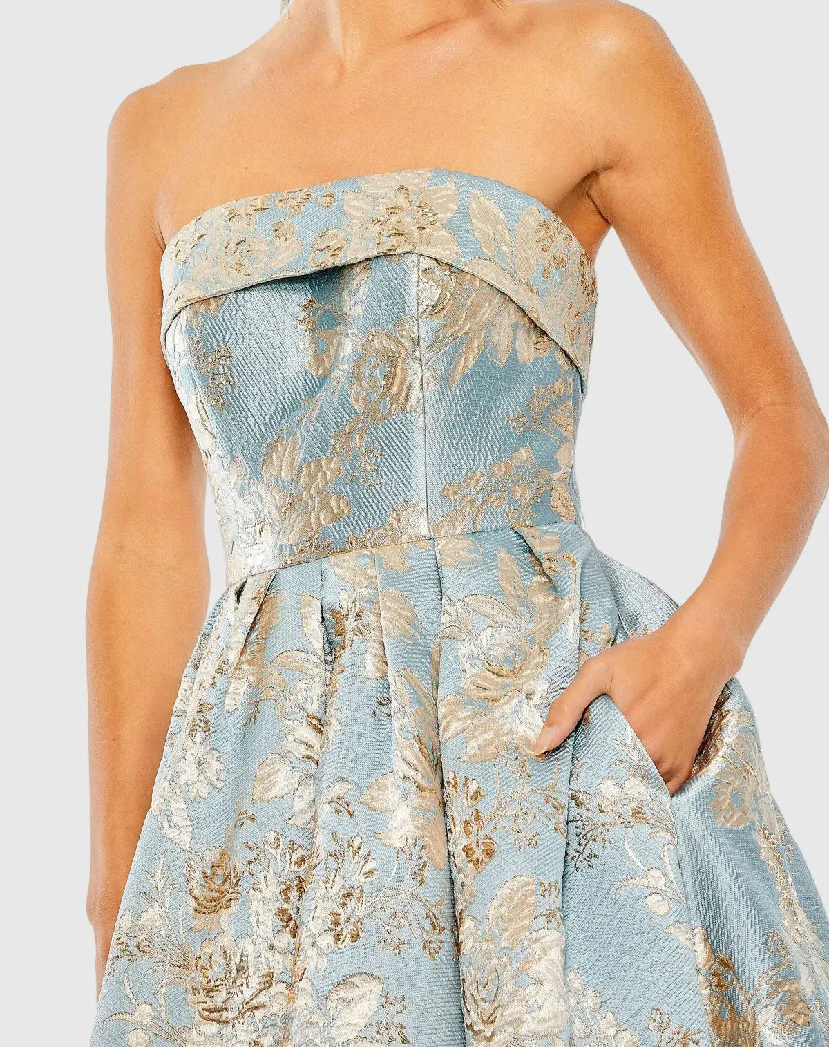 Petite Light Blue Strapless Brocade Midi Dress With Pockets