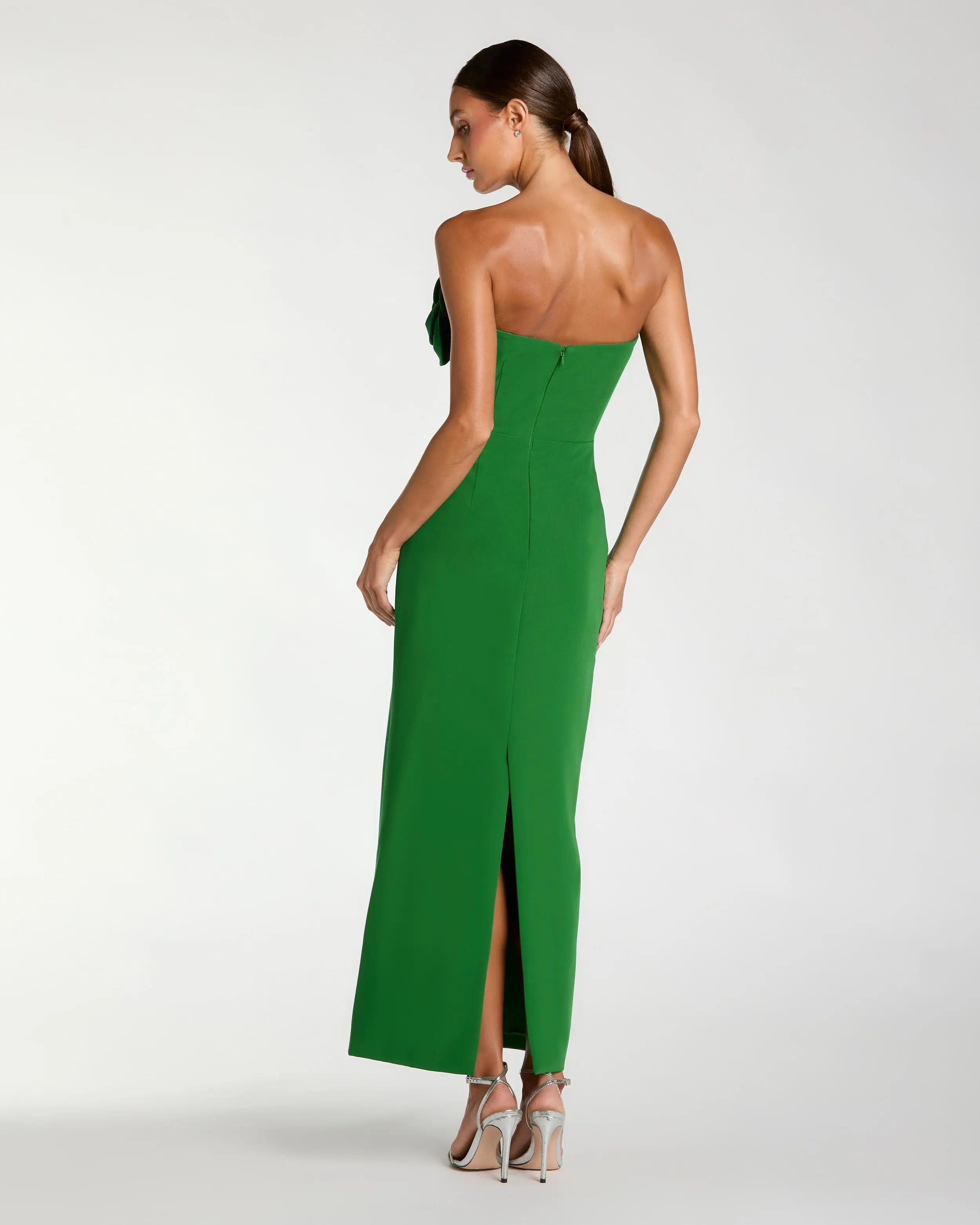 Petite Green Strapless Crepe Dress With 3D Flower Detail
