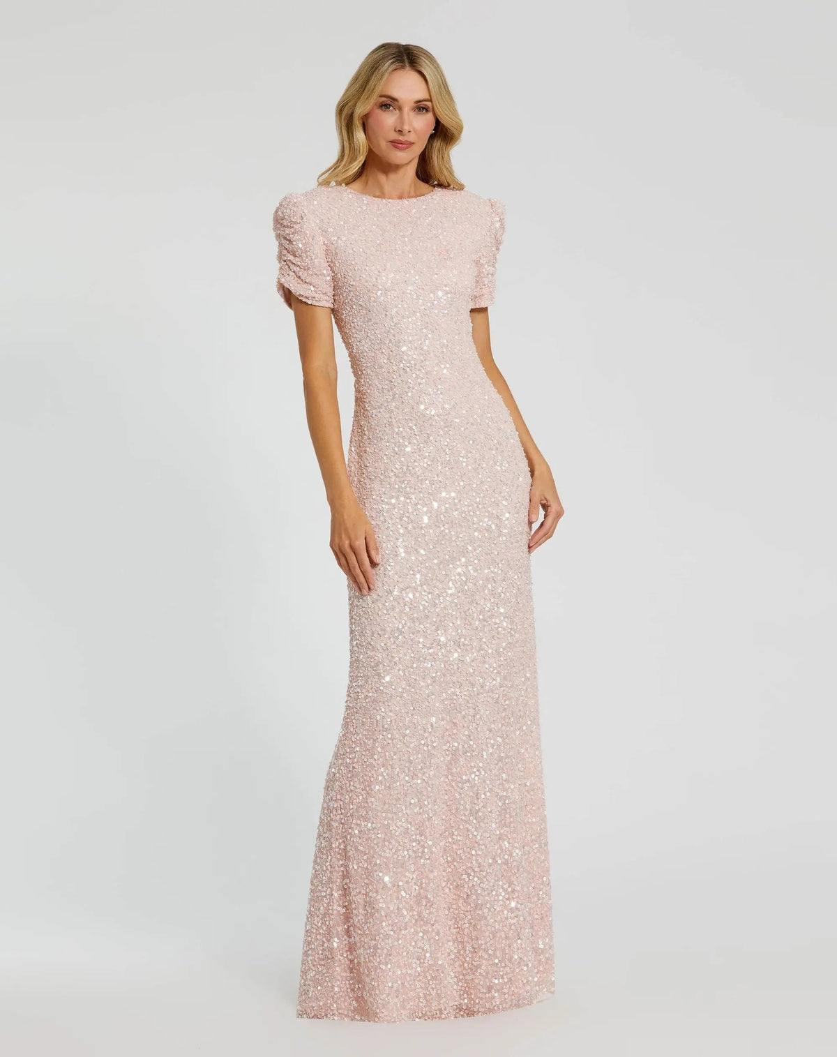 Gathered Short Sleeve Beaded Gown