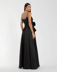 Petite Black Satin Gown With Pearl Neckline and Bow Detail