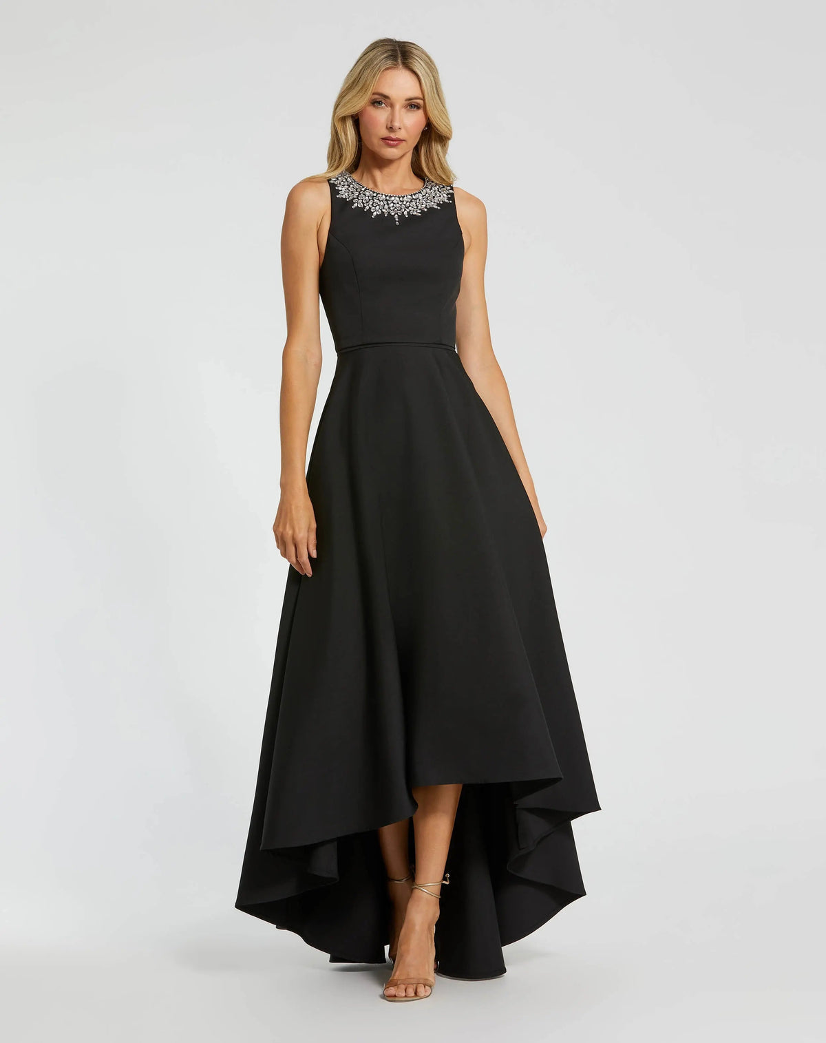 Crepe Embellished Neck High Low Gown