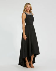 Petite Black Crepe Embellished Neck High Low Gown