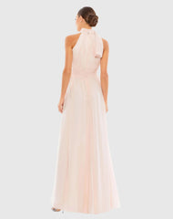 Petite Pink A Line Gown with High Neckline