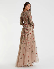 Petite Beige Embellished High Neck Long Sleeve A Line Gown