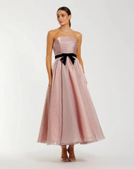 Petite Pink Polka Dot Organza Strapless Dress With Bow