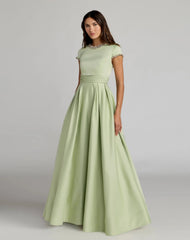 Petite Green Embellished Satin Cap Sleeve Ball Gown