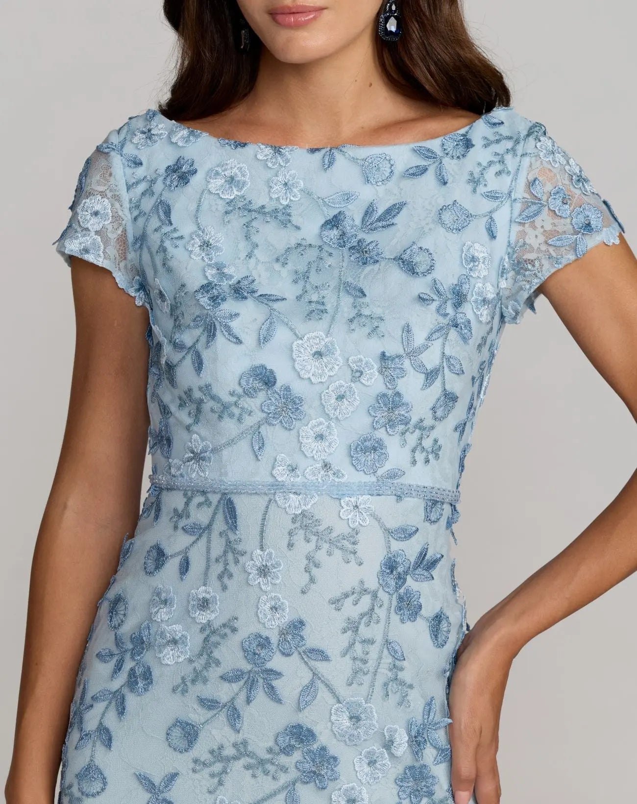 Petite Blue Floral Applique Boat Neck Cap Sleeve Gown