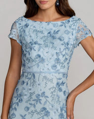 Petite Blue Floral Applique Boat Neck Cap Sleeve Gown