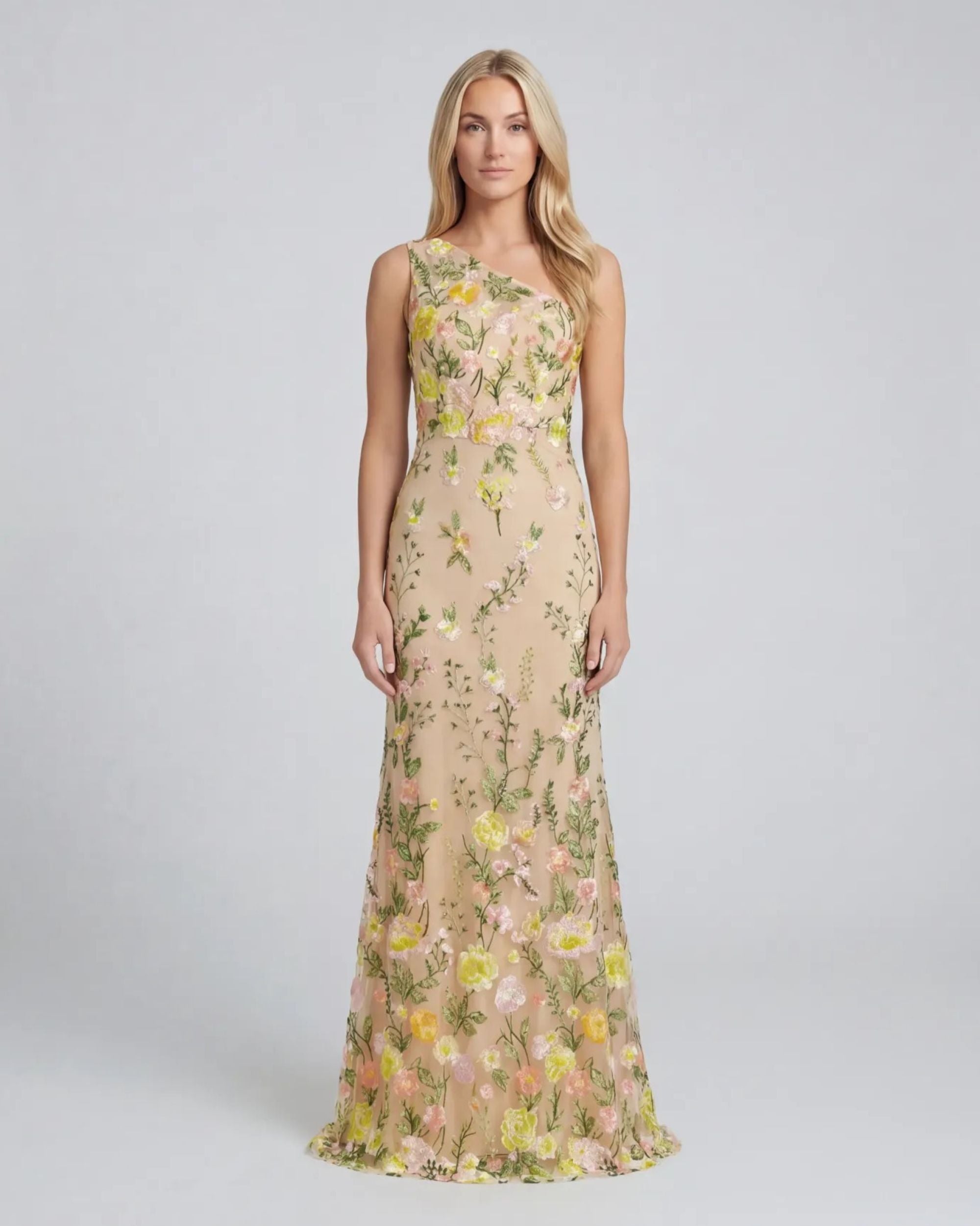 One Shoulder Floral Embroidered Gown