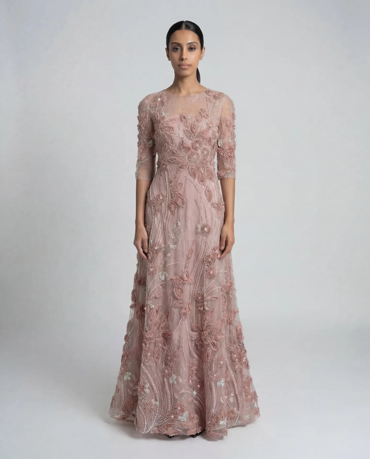 Petite Pink High Neck Embellished Lace Gown with 3/4 Sleeves