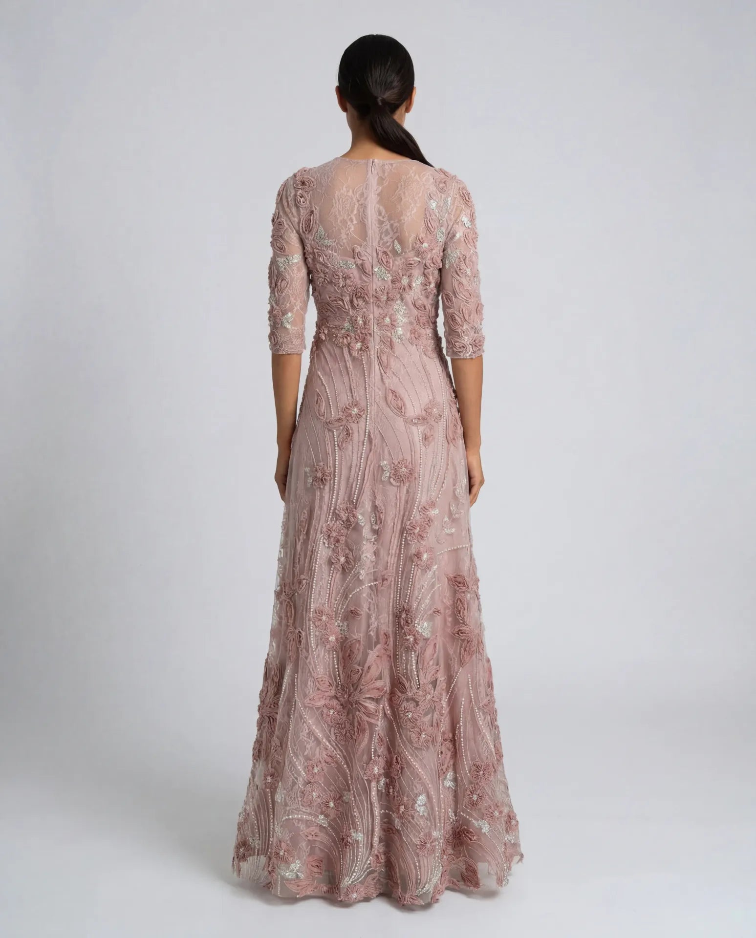 Petite Pink High Neck Embellished Lace Gown with 3/4 Sleeves