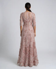 Petite Pink High Neck Embellished Lace Gown with 3/4 Sleeves