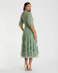 Petite Green High Neck Ruffle Tiered A-Line Midi Dress
