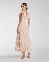 Petite Pink Micro Ruffle Cap Sleeve A-Line Midi Dress