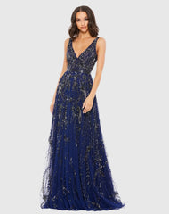 Sleeveless V-Neck Embellished Tulle Gown