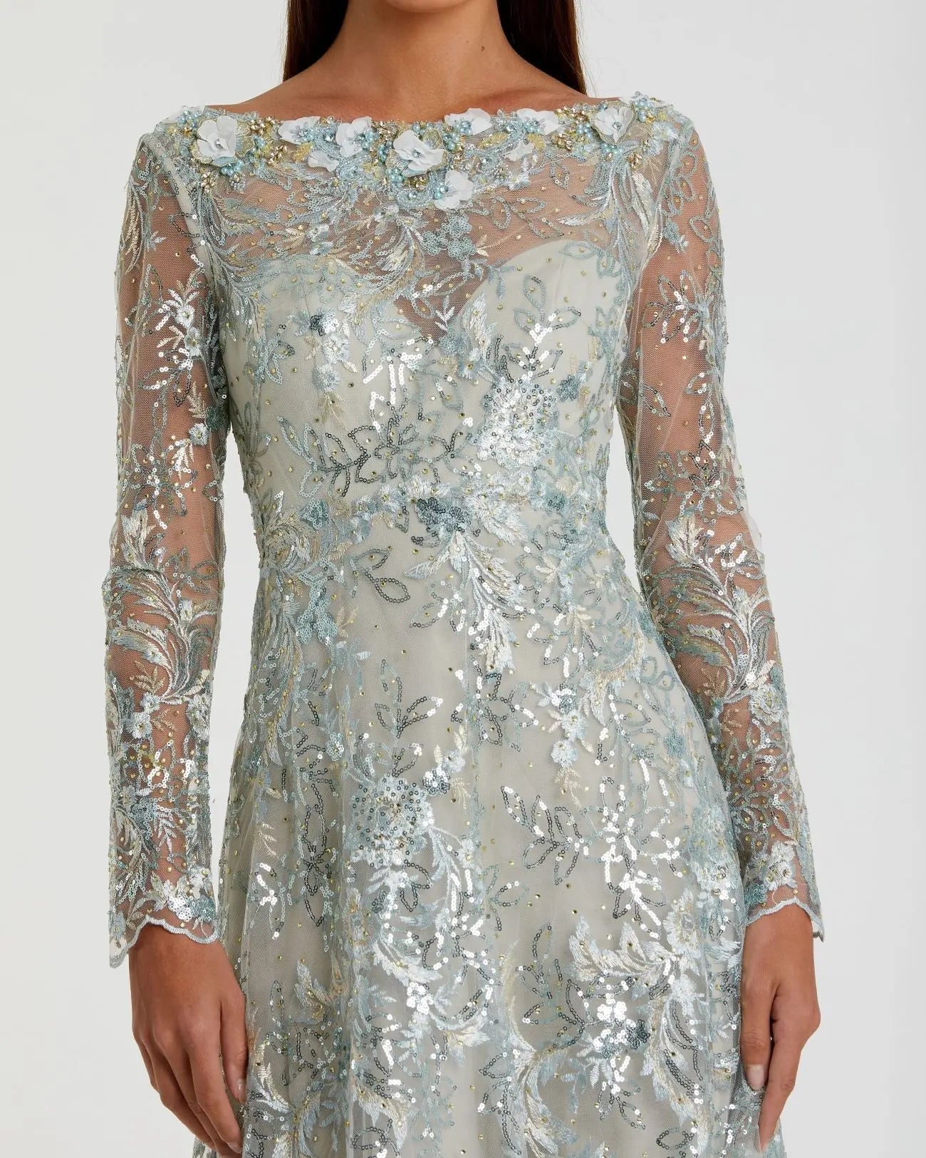 Green Floral Embroidered Illusion Long Sleeve Gown