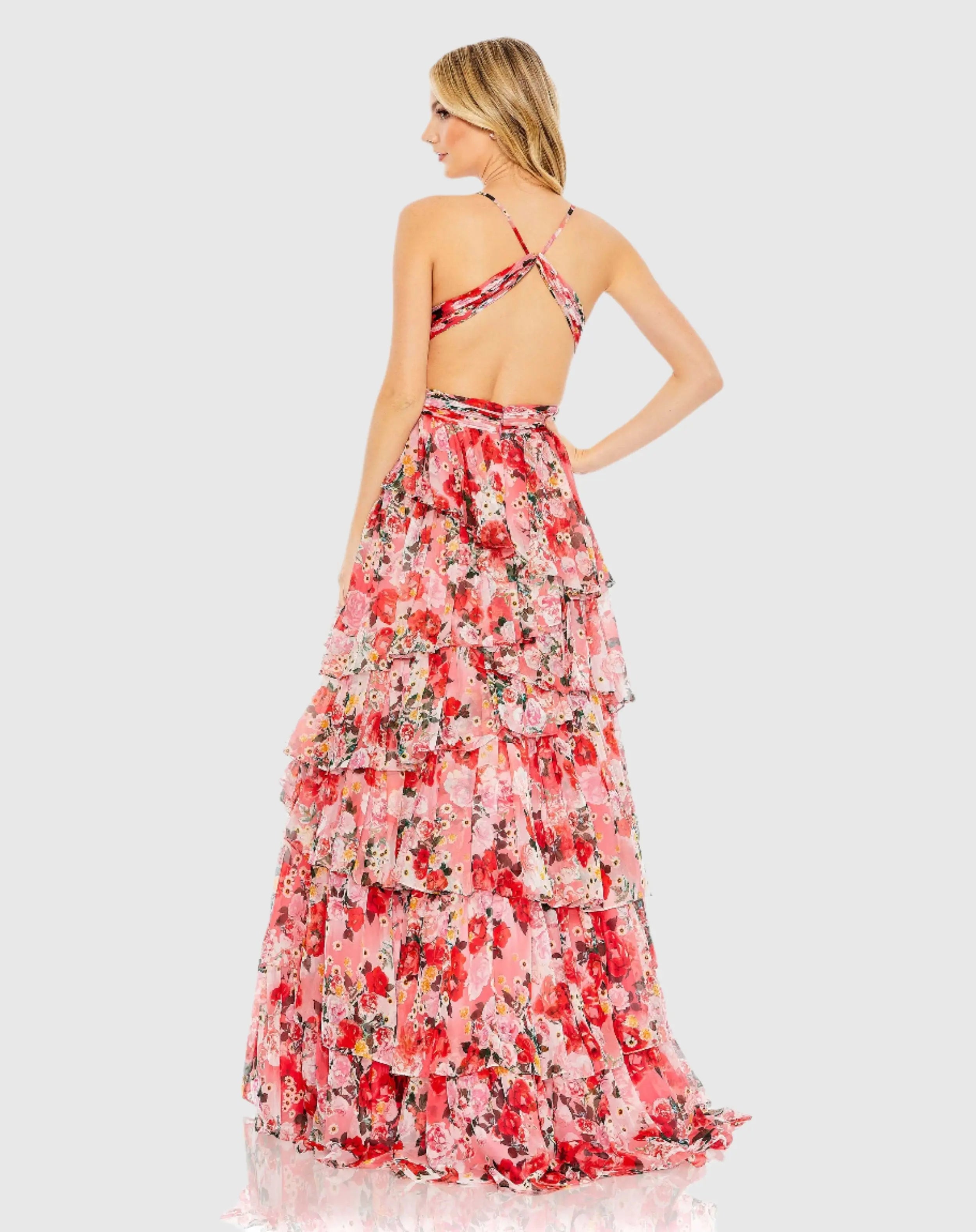 Red Pleated Chiffon Cut Out Ball Gown