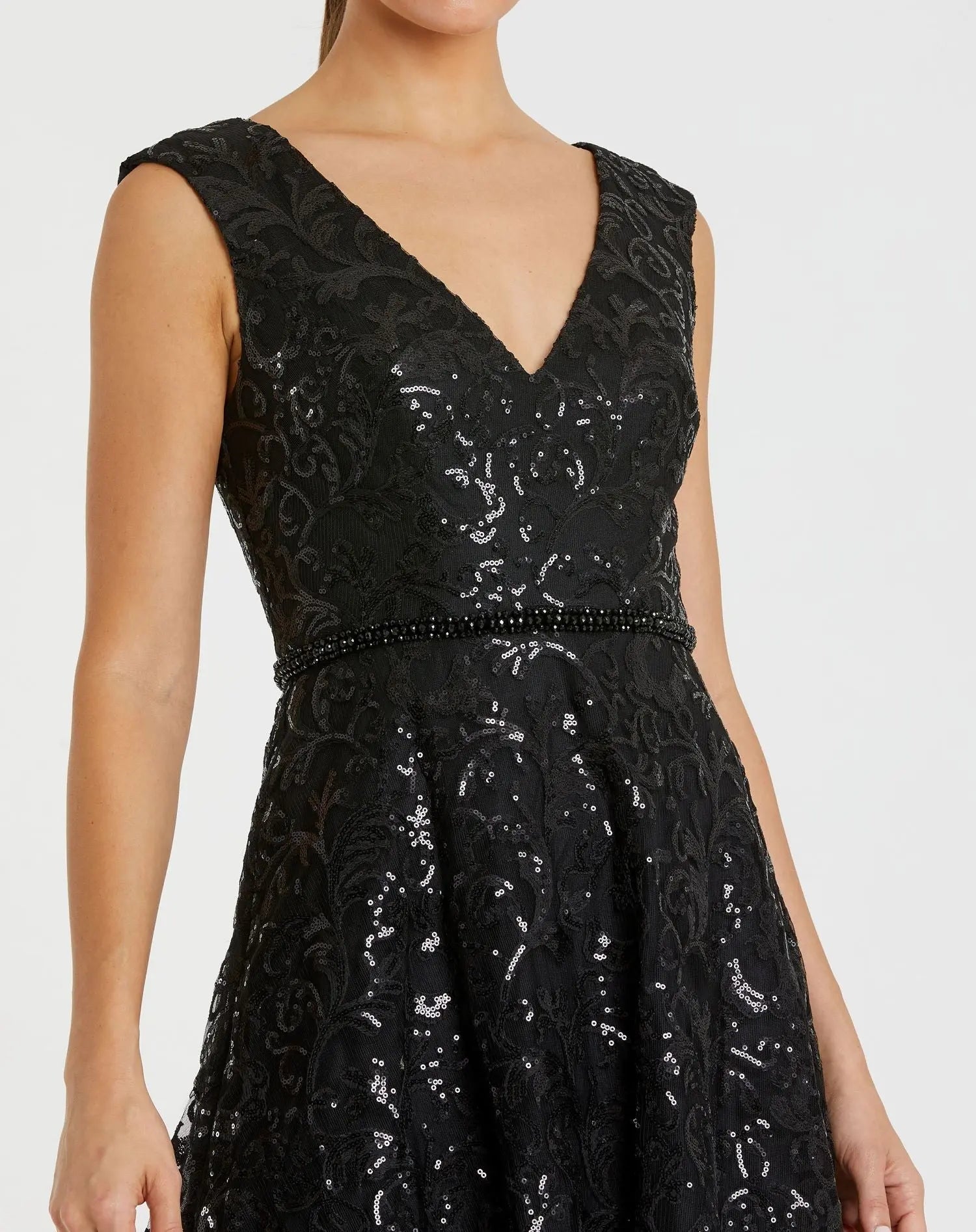 Black V Neck Cap Sleeve Sequin Dress
