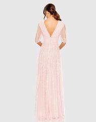 Pink V Neck Puff Sleeve Ruffle Tiered A Line Gown