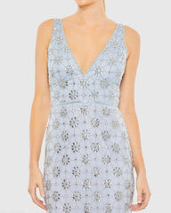 Blue Embellished Sleeveless V Neck Gown