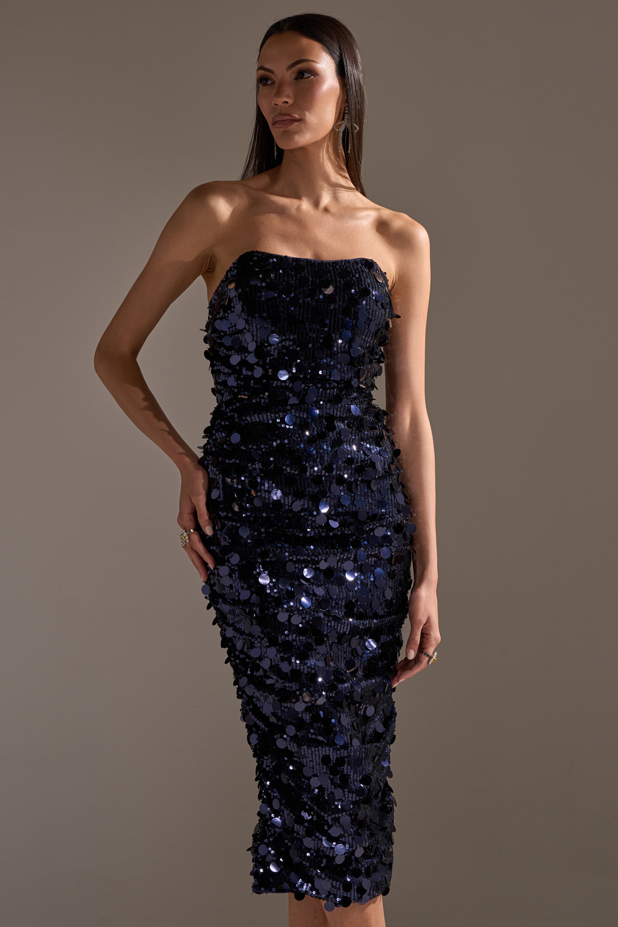 WHO'S THAT GIRL SEQUIN MIDI DRESS