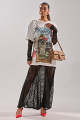 GIRLY BUT NOT LAYERED LACE MIDI DRESS WITH GRAPHIC