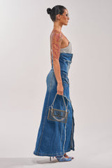 UP TO NO GOOD DISTRESSED DENIM MAXI DRESS