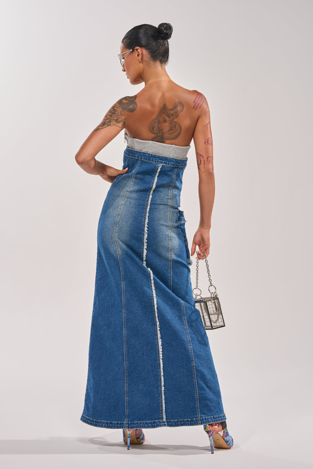 UP TO NO GOOD DISTRESSED DENIM MAXI DRESS