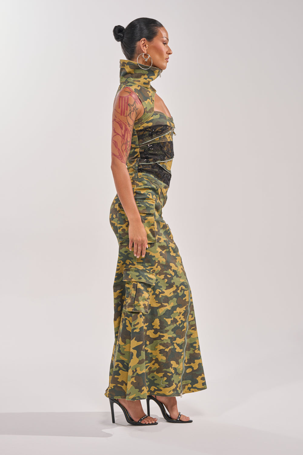 FUSED TOGETHER MOCK NECK MAXI DRESS IN CAMO