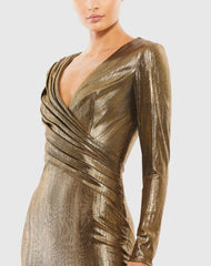 Gold Metallic Long Sleeve Asymmetrical Ruched Gown