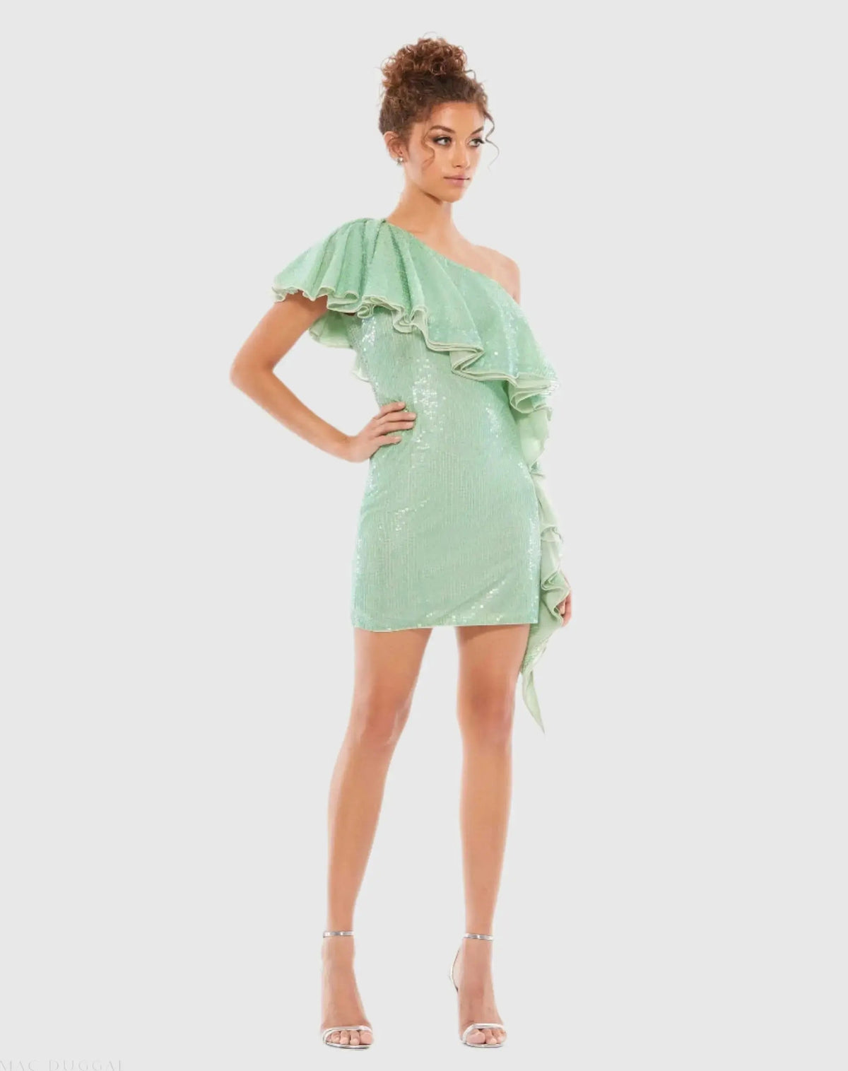 One Shoulder Ruffled Sequin Mini Dress