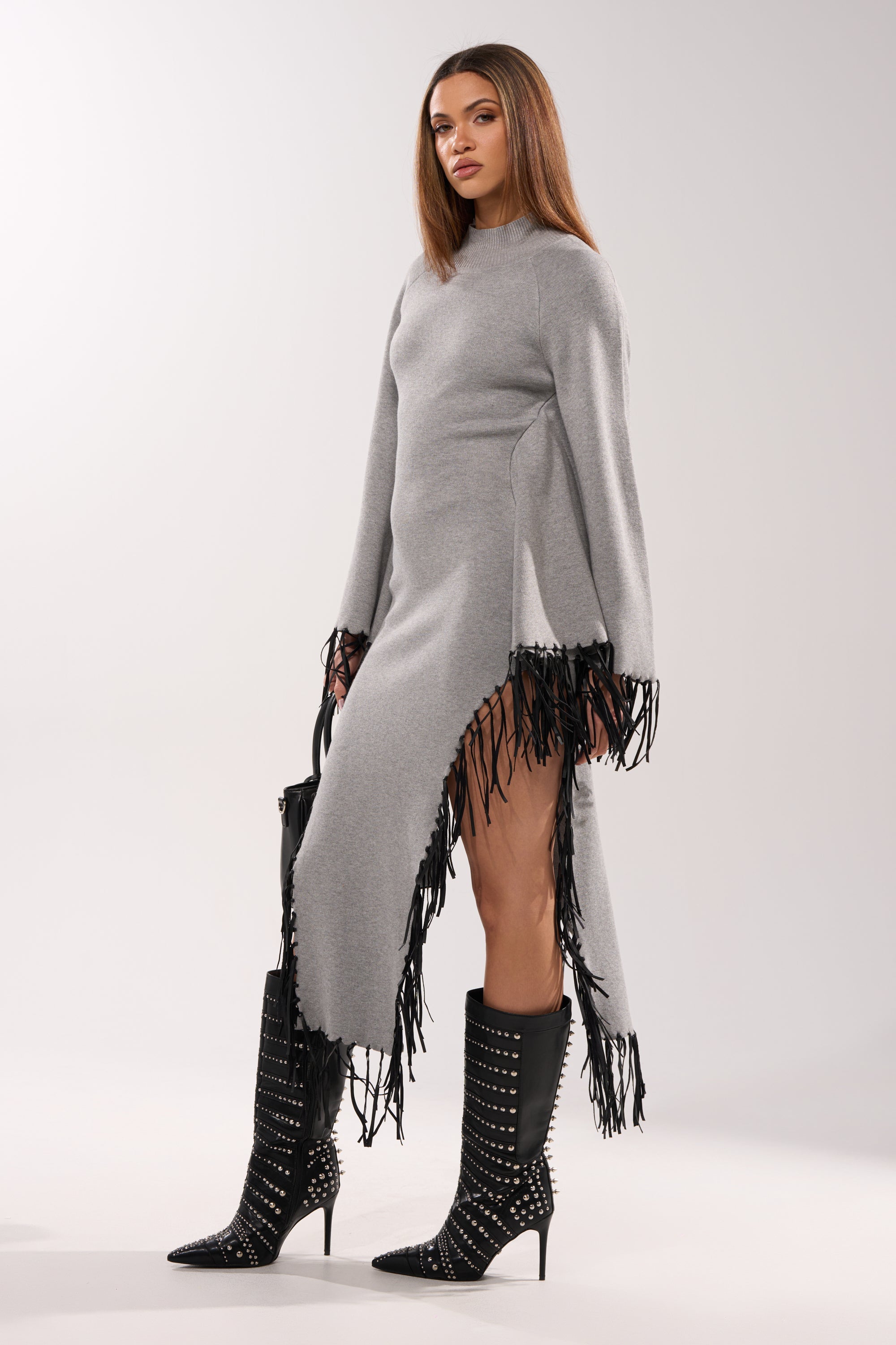 SWEATER WEATHER KNIT MIDI DRESS IN GREY