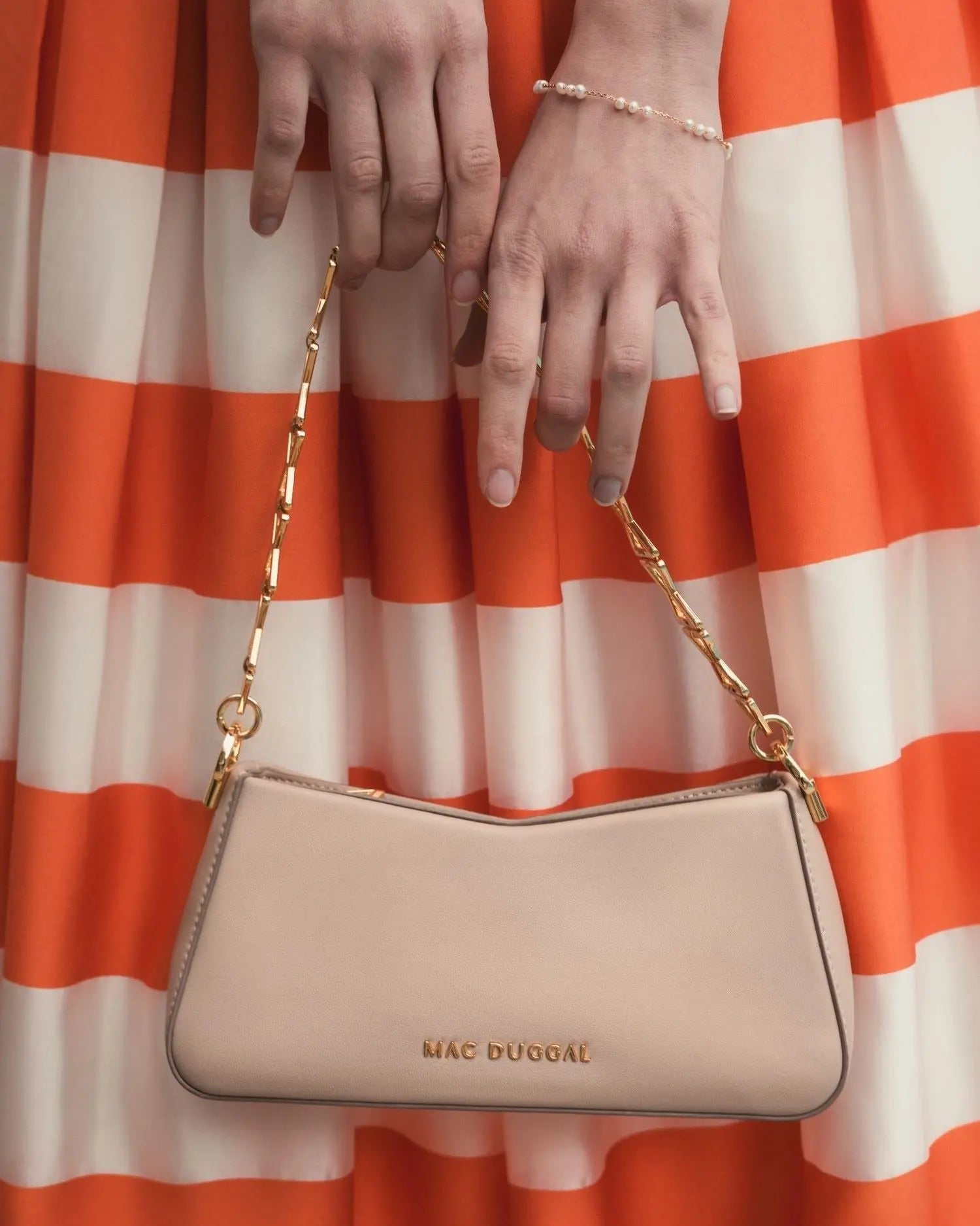 Beige Small Gold Strap Nappa Leather Shoulder Bag
