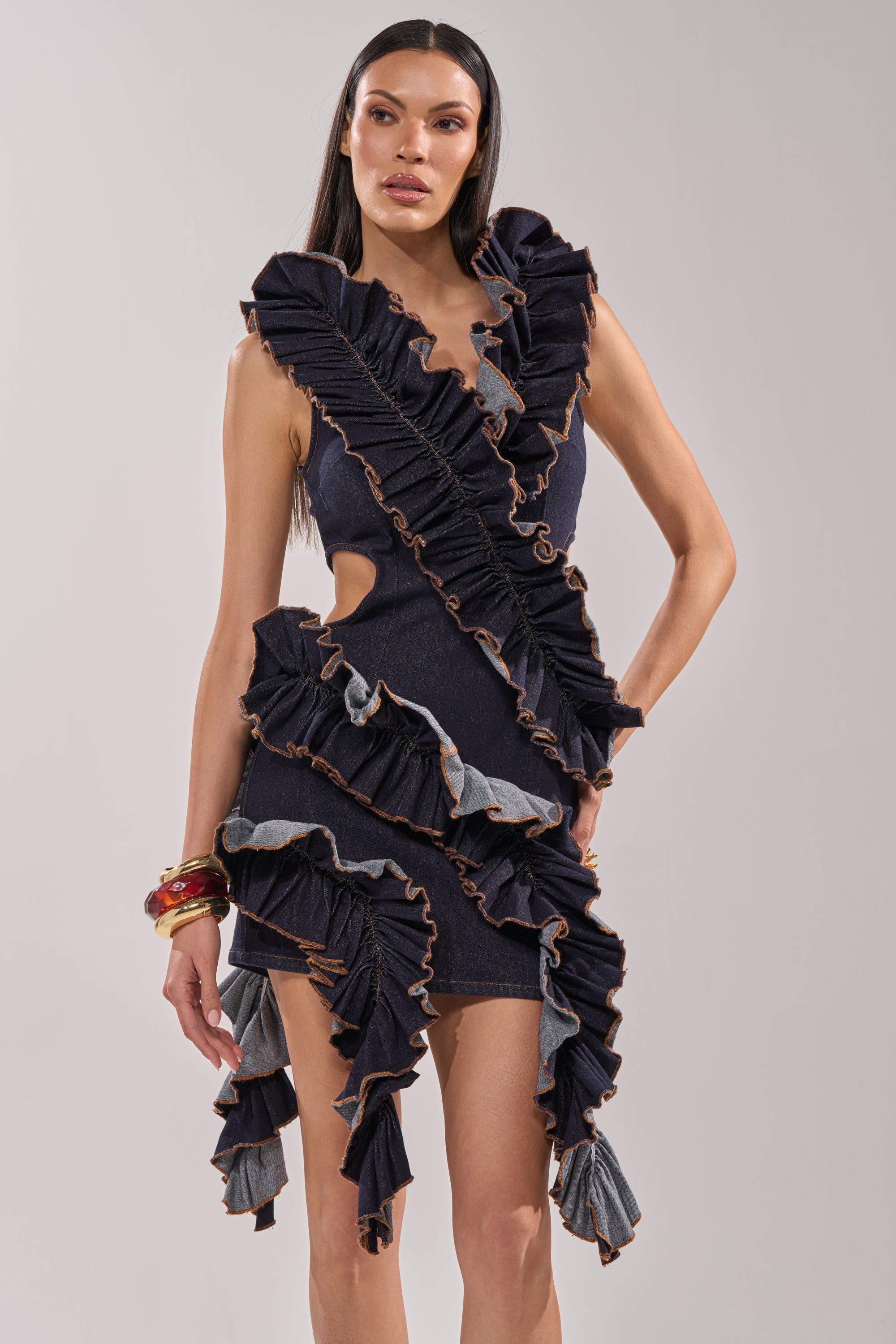 SAY IT AGAIN RUFFLED DENIM MINI DRESS IN DARK BLUE DENIM