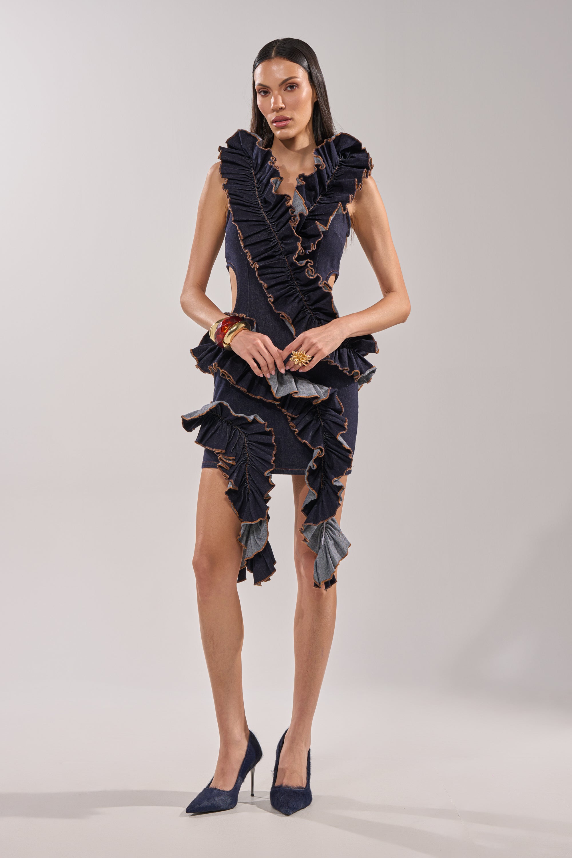 SAY IT AGAIN RUFFLED DENIM MINI DRESS IN DARK BLUE DENIM