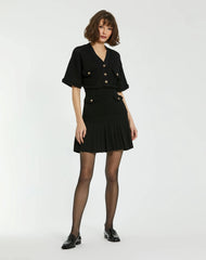 Black Short Sleeve Gold Button Front Crochet Knit Dress with Pleated Hem